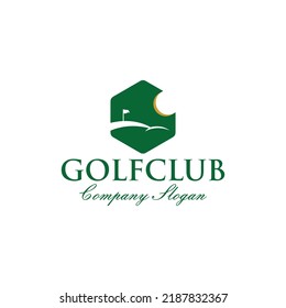 Golf flag curse hexagon green vector logo illustration