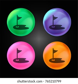 Golf flag and field crystal ball design icon in green - blue - pink and orange.