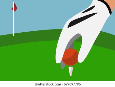 Golf flag and focus on Tee box with hand