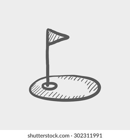 Golf flag in hole sketch icon for web and mobile. Hand drawn vector dark gray icon on light gray background.