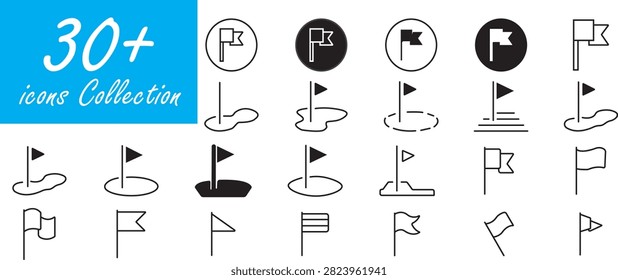 Golf flag and hole vector icon collection featuring putter target flags, green course markers, pin location symbols, and flag post variations.