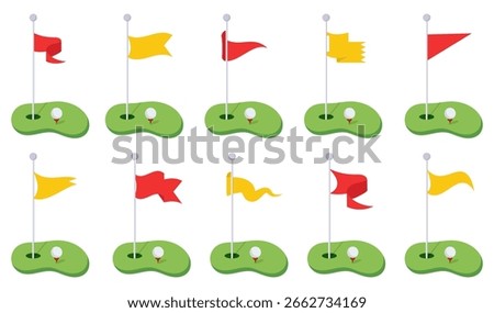 Golf flag icons. Golf course flags in red and yellow on green fields. Suitable for sports, golfing, or tournament design projects