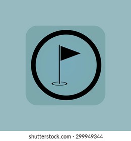 Golf flagstick in circle, in square, on pale blue background