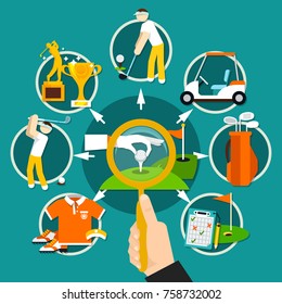 Golf flat composition with magnifier in hand, field, players, trophies, game equipment on blue background vector illustration
