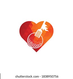 Golf and fork heart shape concept logo design template. Golf restaurant logo design vector