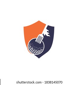 Golf and fork shield shape concept logo design template. Golf restaurant logo design vector