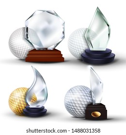 Golf Game Award Set Vector. Golf Ball, Glass Trophy. Modern Golf Tournament. Design For Sport Promotion. Certificate, Diploma. Sport Event Announcement. Banner Advertising. Illustration
