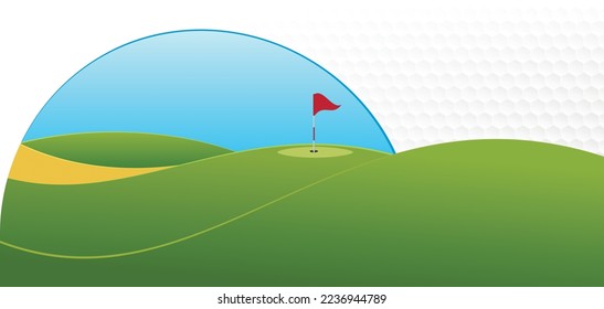 Golf game background. Golf course with flags, sand bunker and greens.