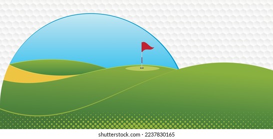 Golf game background. Golf course with flags, sand bunker and greens.