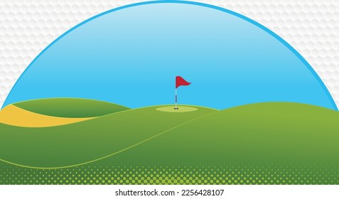 Golf game background. Golf course with flags, sand bunker and greens.