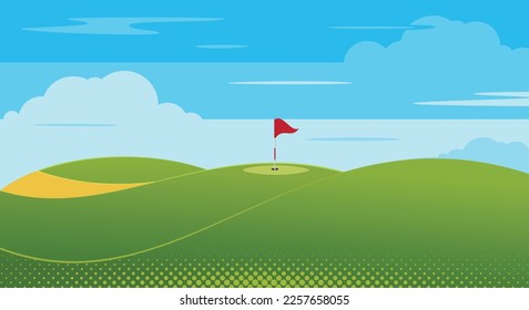 Golf game background. Golf course with flags, sand bunker and greens.