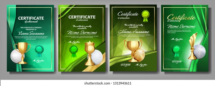 Golf Game Certificate Diploma With Golden Cup Set Vector. Sport Award Template. Achievement Design. Honor Background. A4 Vertical. Champion. Best Prize. Winner Trophy. Template Illustration