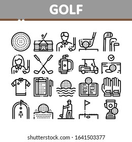 Golf Game Equipment Collection Icons Set Vector. Golf Club Building And Putter With Ball, Caddy Car And Field, Player And Champion Cup Concept Linear Pictograms. Monochrome Contour Illustrations