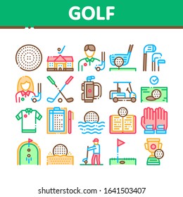Golf Game Equipment Collection Icons Set Vector. Golf Club Building And Putter With Ball, Caddy Car And Field, Player And Champion Cup Concept Linear Pictograms. Color Contour Illustrations