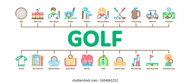 Golf Game Equipment Minimal Infographic Web Banner Vector. Golf Club Building And Putter With Ball, Caddy Car And Field, Player And Champion Cup Illustrations