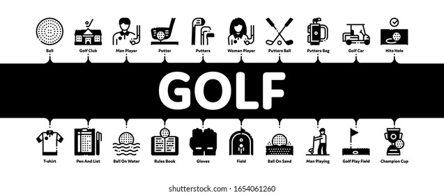 Golf Game Equipment Minimal Infographic Web Banner Vector. Golf Club Building And Putter With Ball, Caddy Car And Field, Player And Champion Cup Illustrations