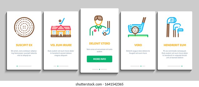 Golf Game Equipment Onboarding Mobile App Page Screen Vector. Golf Club Building And Putter With Ball, Caddy Car And Field, Player And Champion Cup Linear Pictograms. Color Contour Illustrations