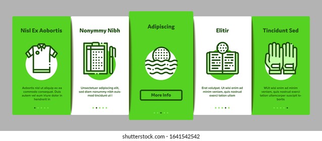 Golf Game Equipment Onboarding Mobile App Page Screen Vector. Golf Club Building And Putter With Ball, Caddy Car And Field, Player And Champion Cup Linear Pictograms. Color Contour Illustrations