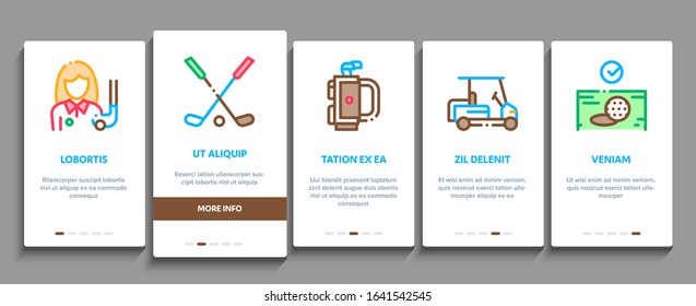 Golf Game Equipment Onboarding Mobile App Page Screen Vector. Golf Club Building And Putter With Ball, Caddy Car And Field, Player And Champion Cup Linear Pictograms. Color Contour Illustrations