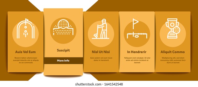 Golf Game Equipment Onboarding Mobile App Page Screen Vector. Golf Club Building And Putter With Ball, Caddy Car And Field, Player And Champion Cup Linear Pictograms. Color Contour Illustrations