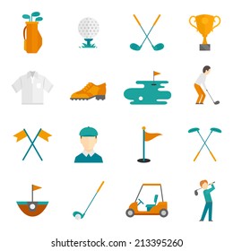 Golf game equipment and player flat icons set isolated vector illustration