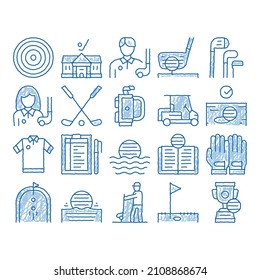 Golf Game Equipment sketch icon vector. Hand drawn blue doodle line art Golf Club Building And Putter With Ball, Caddy Car And Field, Player And Champion Cup Illustrations