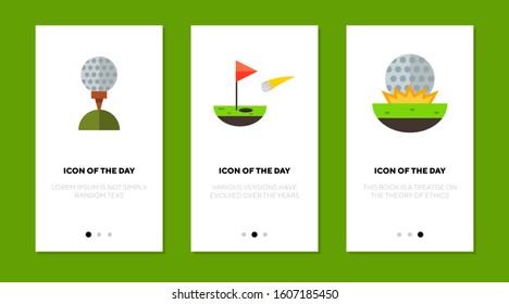 Golf game flat vector icon set. Playing, hit, goal, ball isolated sign pack. Sport and leisure concept. Vector illustration symbol elements for web design and apps.
