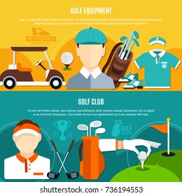 Golf game horizontal flat banners with sportswear and equipment, club with green field isolated vector illustration