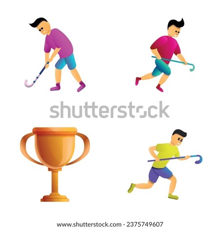 Golf game icons set cartoon vector. Golf player with club and golden cup. Golfing, sport concept