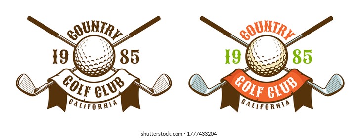 Golf game retro sport emblem. Golf ball and clubs vintage logo. Vector illustration.