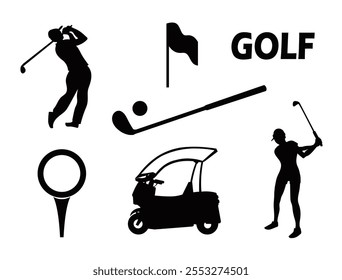 Golf game. Set of silhouettes of players and equipment on white background. Vector illustration