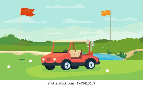 Golf game view, banner in flat cartoon design. Golf course, holes with flagsticks, car with equipment. Competition, tournament, hobby, outdoor activity concept. Vector illustration of web background