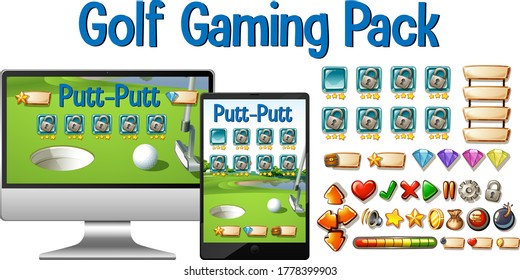 Paquete de juegos de golf con iconos de tableta y botón de computadora ilustración aislada