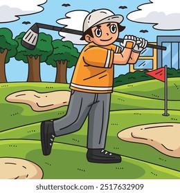 Golf Golfer Hitting a Ball Colored Cartoon 