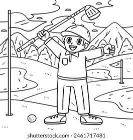 Golf Golfer Raising Hands Coloring Page for Kids