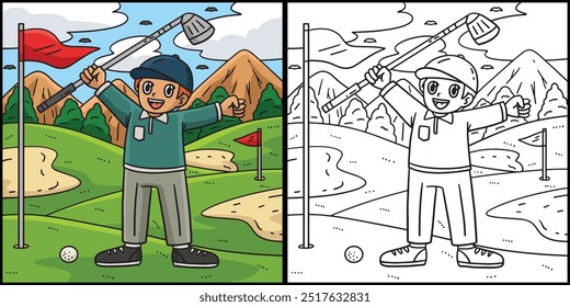 Golf Golfer Raising Hands Coloring Illustration
