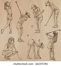 GOLF, Golfers, Golf , and Golf Equipment. Collection of an hand drawn illustrations (line art vectors - pack no.4). Each drawing comprises of three or four layers of lines, background is isolated.