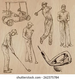 GOLF, Golfers, Golf , and Golf Equipment. Collection of an hand drawn illustrations (line art vectors - pack no.2). Each drawing comprises of three or four layers of lines, background is isolated.