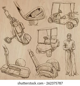 GOLF, Golfers, Golf , and Golf Equipment. Collection of an hand drawn illustrations (line art vectors - pack no.1). Each drawing comprises of three or four layers of lines, background is isolated.