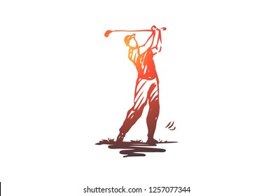 Golf, golfing, play, game, equipment concept. Hand drawn golf player with professional equipment concept sketch. Isolated vector illustration.