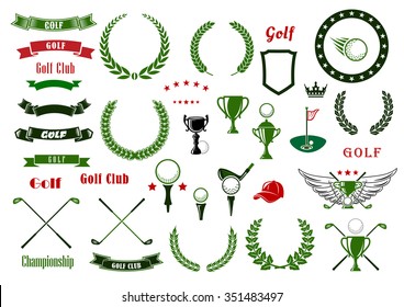 Golf and golfing sport design elements with balls and crossed clubs, green area with hole and flag, trophy cup, laurel wreaths and star frame, heraldic shield and ribbon banners, crown and wings