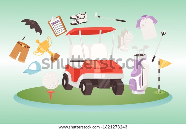 Golf and golfing sport design elements vector
illustration. Ball and clubs, green area with hole and flag, trophy
cup, sportive cloths, heraldic shield and golf car. Infographics
for golf game.