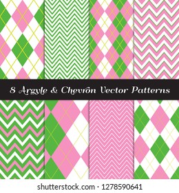 Golf Green And Pink Argyle And Chevron Vector Patterns. Girly Sport Fashion Fabric Prints. Preppy Style Backgrounds. Repeating Pattern Tile Swatches Included.