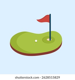Golf green scene with a flag, a ball, and a hole. Sport concept.