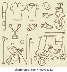 Golf: conjunto de iconos dibujados a mano. Gran colección de objetos deportivos. Ilustración vectorial con Elementos profesionales