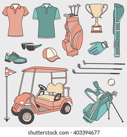 Golf: hand drawn icons set. Big collection of colorful sports objects. Vector illustration with professional elements