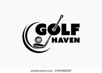 Logotipo de Golf Haven: Un diseño sereno con un paisaje de campo de golf, que simboliza la relajación y el ocio. Perfecto para resorts de golf, clubes de campo o marcas de equipos deportivos. Vector EPS en capas