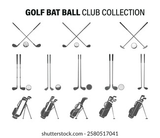 Golf hockey stick clip art silhouette set, Golf bat vector collection, Golf Outline silhouette vector set