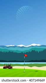 Golf hole with golf cart on vertical mountain background landscape