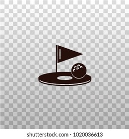 Golf hole with flag and ball - black silhouette, icon, sign, symbol on isolated transparent background. 